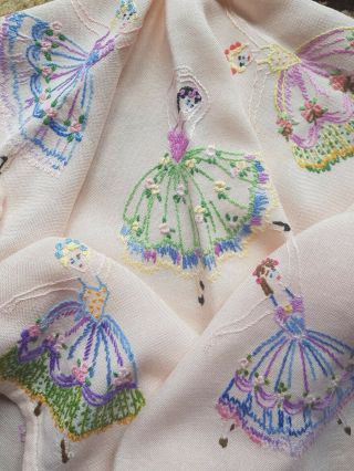 Vintage Hand Embroidered Linen Tablecloth - Crinoline Ladies/ Ballerinas