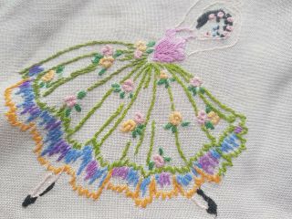 Vintage Hand Embroidered Linen Tablecloth - Crinoline Ladies/ Ballerinas 2