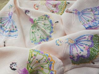 Vintage Hand Embroidered Linen Tablecloth - Crinoline Ladies/ Ballerinas 3