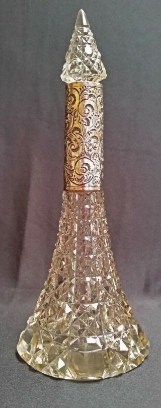 Antique English Cut Glass Cologne Perfume Btl,  Sterling Silver Band London 1906
