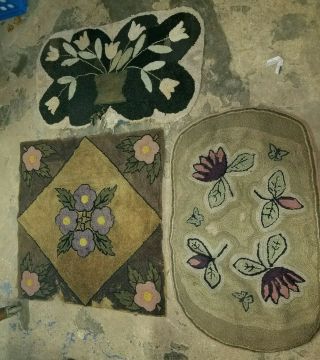 3 Antique Primitive Folk Art Hooked Rugs Early Southern Floral Rag Tulip