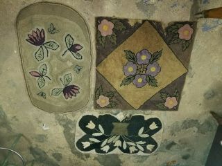 3 Antique Primitive Folk Art Hooked Rugs Early Southern Floral RAG Tulip 2