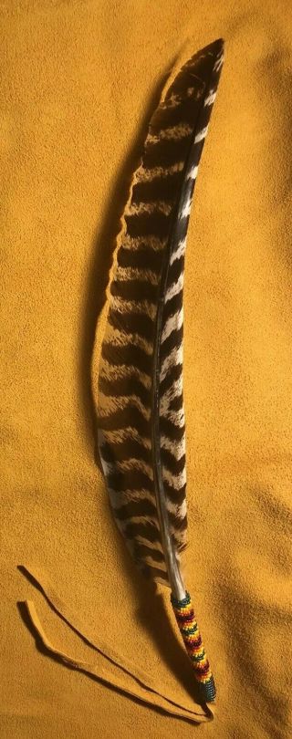 Large Colored Native American Lakota Sioux Beaded Turkey Wing Feather