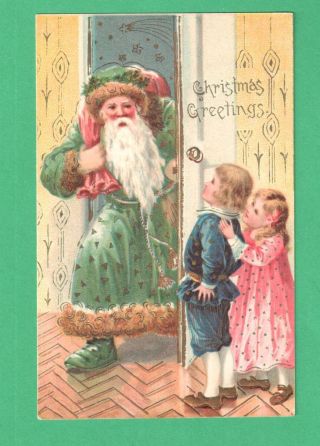 Vintage Christmas Postcard Santa Claus Green Coat & Boots Meets Children Doorway