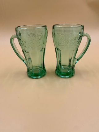 Set Of 2 Coca - Cola Thick Glass Soda Mugs Glasses - Green - Libbey - Heavy Handle