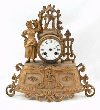 French Marble & Gilt Metal Figural Mantel Clock @ 1870 As Found
