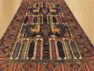 Distressed Hand Knotted Vintage Afghan Balouch Pictorial Wool Area Rug 6.  1 X 3.  5