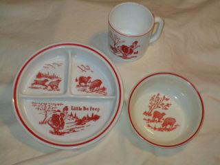 Vintage Fire King Vitrock Red Little Bo Peep Dish,  Bowl And Cup Set