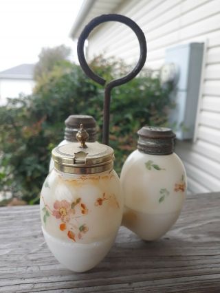 Eapg Antique Milk Glass Novelty Egg Shaped Castor Caster Shaker Condiment Set