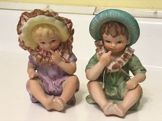 Set Of 2 Vintage Porcelain Bisque Piano Babies Baby Boy Girl Figurines Figures
