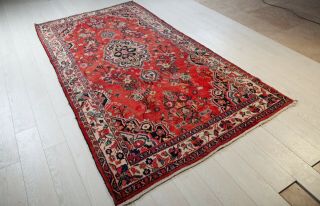 8.  62x4.  75ft Hand - Knotted Vintage Hamadan Wool Rug Red Handmade Oriental Carpet