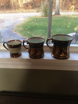 3 Antique Copper Luster Lustre Mugs Cups