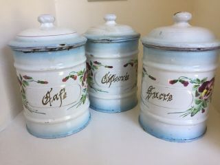 Vintage French Enamelware Canister Set Sucre Cafe Chicoree