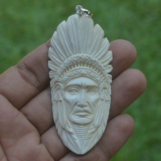 Indian Carving 73x35mm Pendant P3778 W Silver In Buffalo Bone Carved