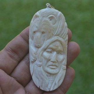 Bear Indian Carving 76x36mm Pendant P3624 W Silver In Buffalo Bone Carved