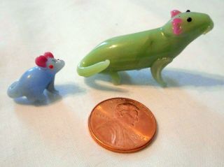 Vintage Hand Blown Glass Miniature Rat Figurine Set Of 2 Green Blue Pink Zodiac