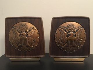 Vtg Wood Brass American Eagle Us Army Military Emblem Book Ends