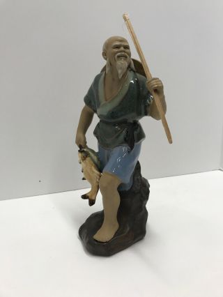 Vintage Chinese Shiwan Artistic Ceramic Factory Glazed Clay Fishermen Figurine