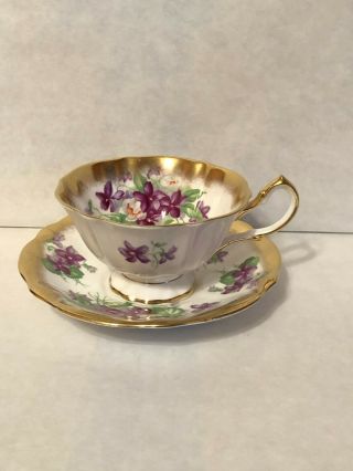 Vintage Queen Anne Bone China Tea Cup Saucer Purple Violets