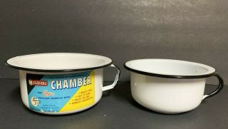 2 Vtg Porcelain Enameled Ware Childs Chamber Pots Federal Nos White & Black Trim