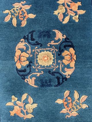 C1940 Chinese Peking Blue Ground Rug.  Floral Salmon Border With Center Medallion 3