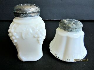 Antique Victorian Era Milk Glass Salt Shakers,  C.  1880 