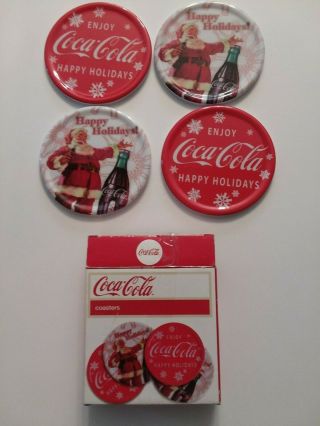 Coca Cola Coke Holiday Christmas Coasters Plastic Set Of 4 Boxed Santa Claus