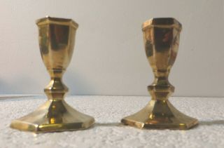 Brass Vintage Set Of 2 Candle Stick Holders 4 Inches Tall 6 Sided Base Footing