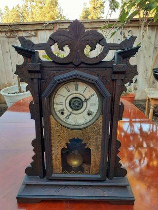 Antique E Ingraham Gingerbread Shelf Mantle Clock/alarm Clock W/key.