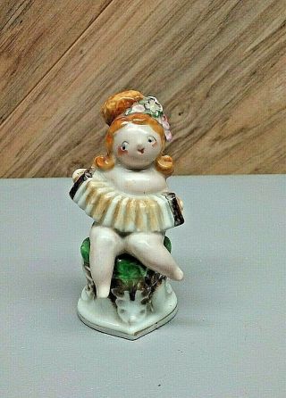 Nude Girl Bathing Beauty On Bench Playing Accordion Porcelain Figurine Vintage
