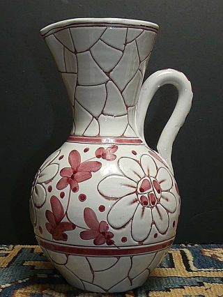 Vintage Norwegian Red And White Hand Painted Floral Vase/pitcher