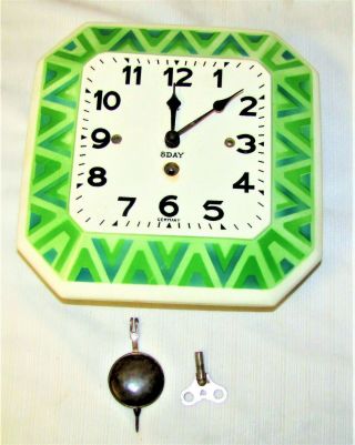 Vintage - - Kitchen Wall Clock - - Porcelain - - Green And White - - Crossed Arrows Germany
