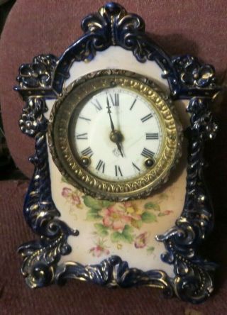 Antique Ansonia Blue Porcelain Mantel Clock " Witch " Model