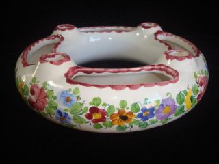 Vintage Hand Painted Pottery Flower Frog Candle Ring Italy 7 "