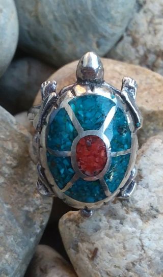 Vintage Turquoise Coral Chip Inlay Navajo Sterling Silver Turtle Ring Size 5 3/4