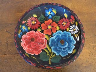 Vintage Pretty Handpainted Folk Art Mexican Wooden Batea Bowl Flowers 11 " 3