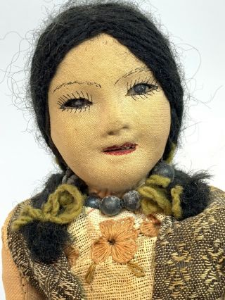 Antique Native American Oil Cloth Doll 10” Porcelain Teeth Glass Eyes