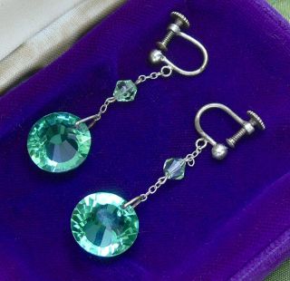 Vintage Art Deco Green Uranium Glass Crystal Drop Dangly Earrings Screw Backs