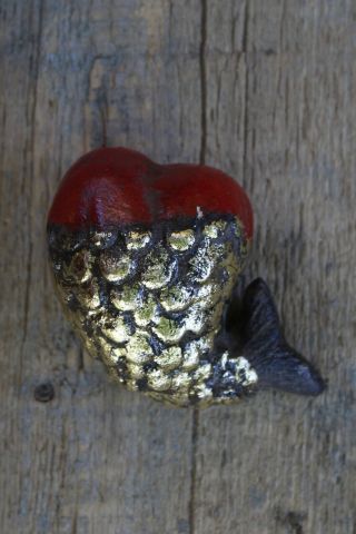 Small Red And Gold Mermaid Tail Heart Ceramic By Rafael Pineda Mexican Folk Art