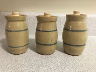 3vtgprimitive Stoneware Ceramic Pottery Crocks W/lid With Blue Stripes Marked S
