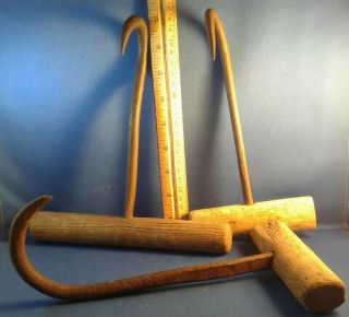 Group Of 3 Primitive Antique Hay Hooks Bale Dock Blacksmith Hand Forged