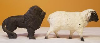 (2) Vintage Cast Iron Metal Money Coin Bank Black Face Sheep Lamb And Lion