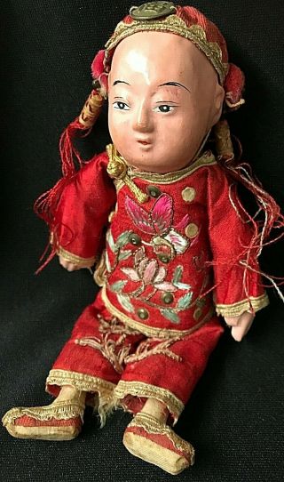 Antique 1920 S Chinese Composition Doll Silk Costume