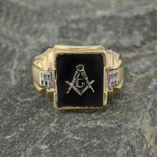 10k Yellow & White Gold Vintage Ribbed Onyx Masonic Ring Size 11.  5