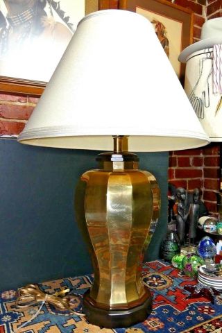 Monumental Vintage 1990 Frederick Cooper Lacquered Brass Wood Table Lamp Minty
