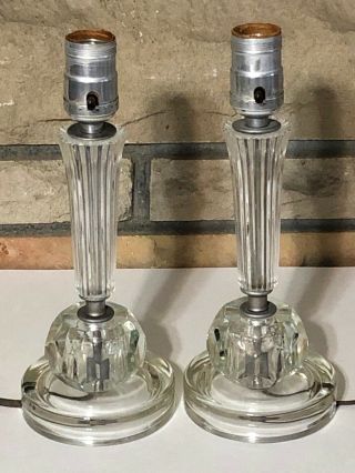Vintage Pair Clear Ball And Ribbed Glass Electric Boudoir Vanity Table Lamps