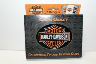 Harley Davidson Casino Quality Collectible Tin And 2 Decks Of Playing Cards