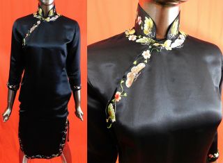 Antique Chinese Qipao Cheongsam Black Silk Butterfly Embroidery Banner Dress Vtg