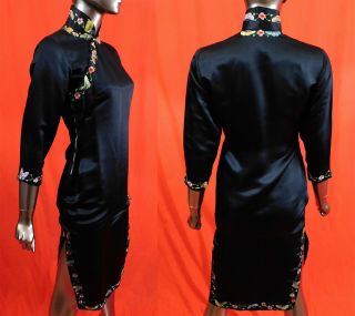 Antique Chinese Qipao Cheongsam Black Silk Butterfly Embroidery Banner Dress Vtg 2