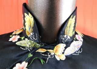 Antique Chinese Qipao Cheongsam Black Silk Butterfly Embroidery Banner Dress Vtg 3